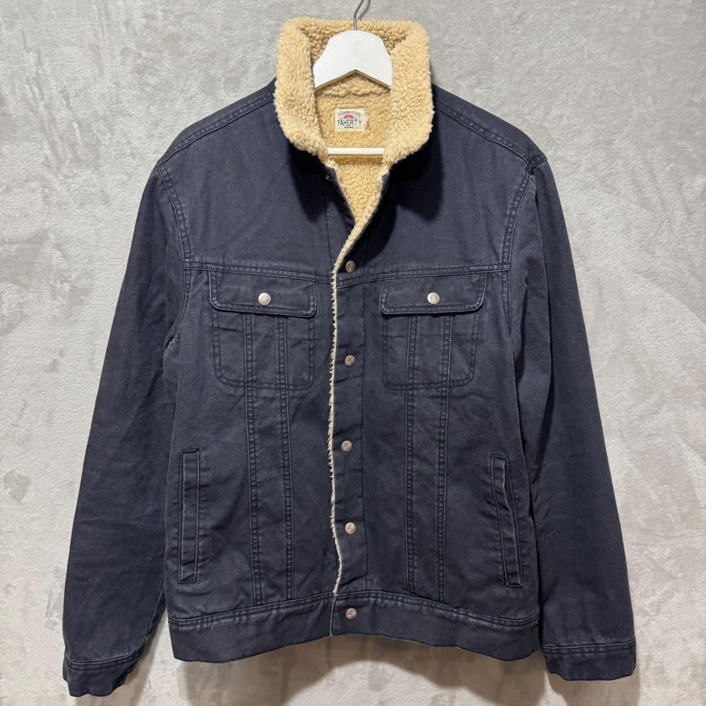 Faherty Brand Mens Sherpa Lined Canvas Trucker Jacket Navy Blue Size Medium